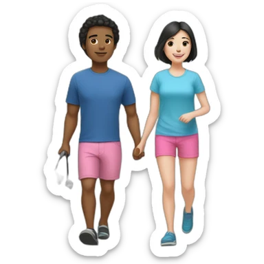a 32-year-old man with pale skin and black hair, wearing flip-flops, pink shorts and a blue over-sidez t-shirt, going for a walk with a female 9-year-old Bichón Frisé dog. sticker