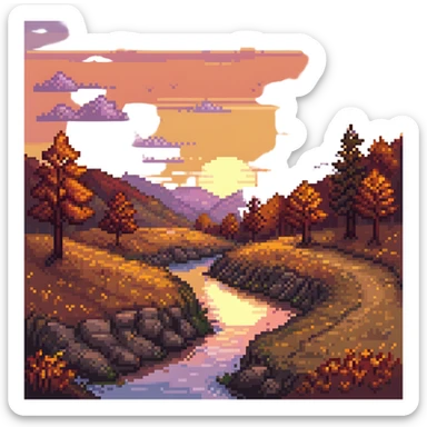pixel art fall landscape at sunset, orange and red foliage, glowing sky sticker