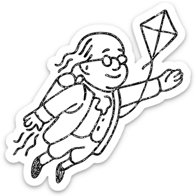 hand-drawn black outline icon of Ben Franklin with jetpack, left hand holding diamond kite, right arm outstretched in flight, minimalist startup logo sticker