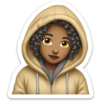 Light skin curly girl snuggled in hoodie sticker
