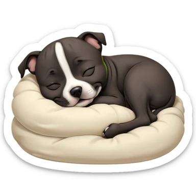 Meme-Worthy Cute Sleeping Black/Brindle Staffordshire Bull Terrier Portrait Emoji, Head resting peacefully with a contented smile, showcasing a delightfully compact build and a luxuriously soft Fur with an attractive black and brindle blend, eyes shut in a serene nap, Simplified yet hilariously adorable features, highly detailed, glowing with a soft, drowsy light, high shine, relaxed and utterly lovable, stylized with an air of playful laziness, bright and heartwarming, soft glowing outline, capturing the essence of a comically sleepy guardian, so meme-worthy it feels like it could instantly become the next viral sensation of adorable slumber! sticker