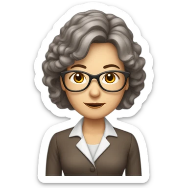 middle-aged accounting woman with brown longhair, a frindge, glasses and a loop sticker