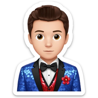 Tom Holland with brown hair, red shirt, periwinkle sequin suit jacket with bow tie sticker