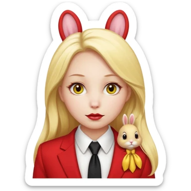 Woman with porcelain white skin, thick blonde hair that's in a thick, long ponytail, has the nose of a bunny, yellow scleras, red pupils, and a red suit with a black tie. sticker