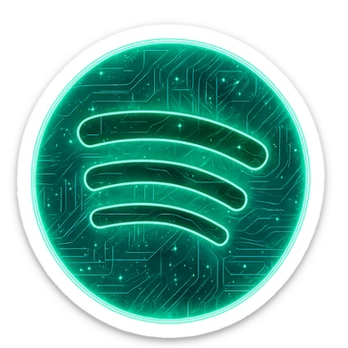 Transform the Spotify logo into a cyberpunk, holographic style with glowing neon green edges and intricate circuit patterns throughout the entire icon. Maintain the recognizable green circle and black sound waves, overlaying neon and circuit effects in a futuristic, clean cyberpunk style with consistent glow and detailed circuits. The background should be transparent to highlight the neon and holographic effects. sticker