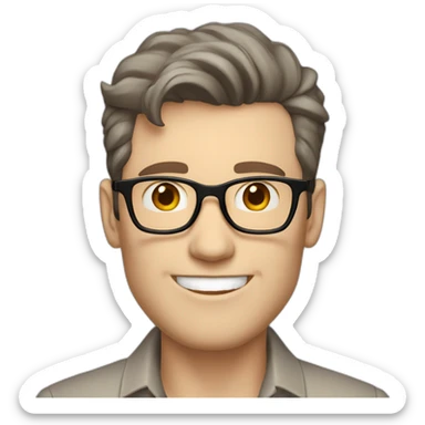 Joyful Pale skinned Fit Man With dark brown hair in gray jacket, beige office shirt, Brown pants and vintage glasses. His thrumbs up sticker