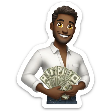 Guy with brown skin in white long sleeve wins money sticker