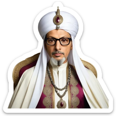 Jeff Goldblum no glasses as a regal portrait dressed as _cinematic-realistic-portrait-of-suleiman-the-magnificent,-depicted-as-a-regal-ottoman-sultan-adorned-with-a-large,-white,-round,-tall-turban-and-a-majestic-grey-beard,-his-commanding-gaze-bathed-in-warm,-historic-lighting-that-exudes-timel sticker