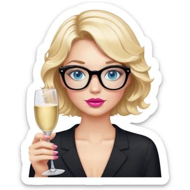 Blonde woman with short wavy hair, blue eyes nearly closed and pink lips wearing black glasses. holding a champagne glass  sticker