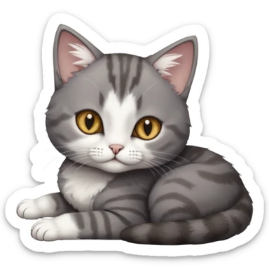full body tiny short hair dark grey and white cat with hazel eyes lying down sticker