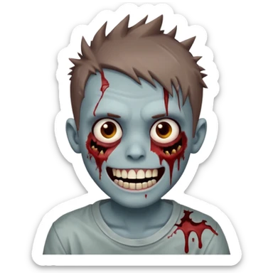 zombie boy with brown short spiky hair, white skin, and white eyes; an open smile, and bloodied teeth; sticker