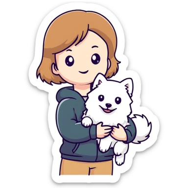 light brown hair girl with pale skin holding a white Japanese spitz dog sticker