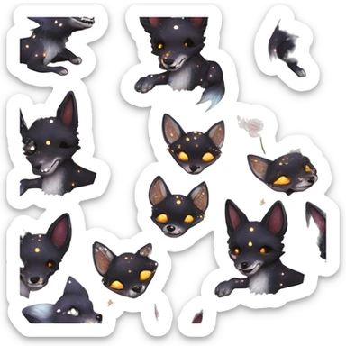 Black iridescent dog fox zombie skeleton gold mechanical nebula galaxy stars flowers fairy lights vintage sticker