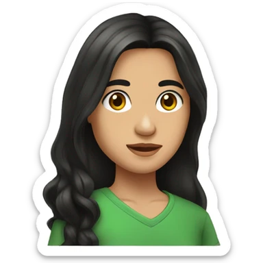 Mexican student with long black hair, brown eyes, green shirt, hook earrings sticker
