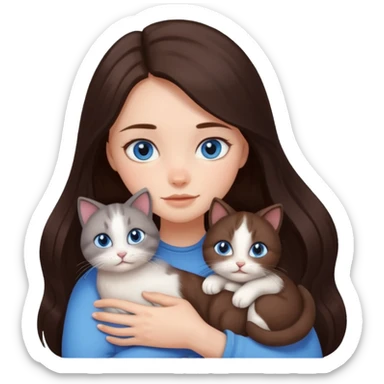 a pretty girl with long dark 
brown hair, with blue eyes, hugs 3 different natural coloured small cats sticker
