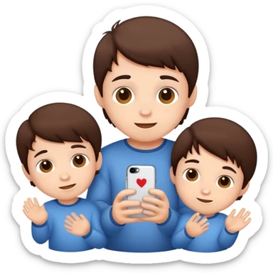 Three cute little brunette brothers playing  sticker