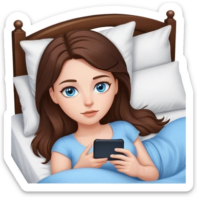 White girl brunett blue eyes, laying In bed using her phone sticker