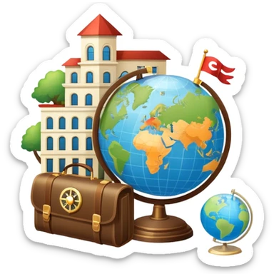 An icon featuring a hotel building, and a globe, symbolizing the scientific study of tourism and hospitality. The design includes a map, a compass, and a checklist, representing travel planning and service management. Transparent background highlights the academic exploration of the tourism industry sticker