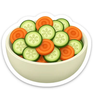 Add cut carrot slices to the cucumber salad in a bowl. The style should resemble emoji style with no background. sticker