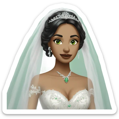 Hyper Realistic ornate ballgown long sleeve Wedding dress with diamanté on Russian bride with green eyes and long black hair with veil hyper realistic  sticker