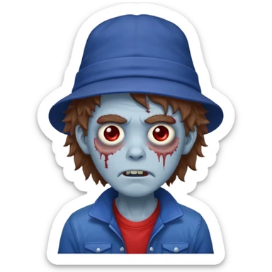 brown fluffy hair zombie with blue and white hat dark blue jilet red t shirt sticker