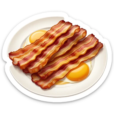 Cinematic crispy sizzling bacon, slightly curled, golden-brown with a perfect crunch, glistening with rich flavor, deep warm tones, served on a breakfast plate, comforting and indulgent. sticker