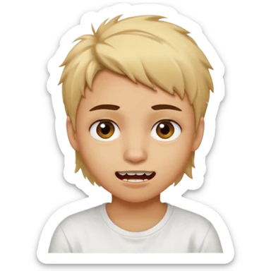 caramel skin color. Teen age. Short buzz, messy blonde hair, dark brown bushy eyebrows large expressive golden-brown eyes, brown skin color, scar over nose, wearing a plain white t-shirt. Mouth expression showing teeth sticker