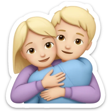 two simplified human characters hugging each other warmly, showing emotional support and friendship, gentle smiles, calm and safe mood, flat custom emoji sticker, soft pastel colors, rounded shapes, minimal details, mental health theme, thick outline, white background, no text sticker