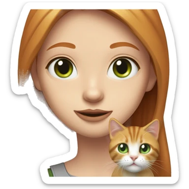 girl, pale, green eyed,with long straight strawberry blonde-ginger hair (mix of that two hair colours as one), with red , like blood, lips, holding a  grey tabby cat, with spot of white fur in shape of a collar and also green eyed,( one cat one girl,) sticker
