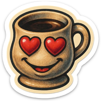 Ink wash style, coffee cup creature, big heart eyes, dopey smile sticker