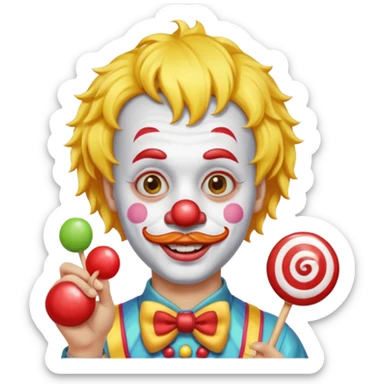 Funny clown — yellow wig, mustache, candy in hand sticker