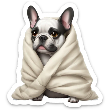 A French bulldog wrapped in a duvet sticker
