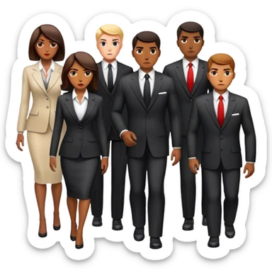A group of secret intelligence agents in formal suits, with one being a woman and the rest being men. They appear serious, professional, and mysterious, working together as a team sticker