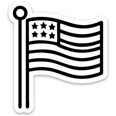 black and white American flag standing upright, stylized with strong outlines, no color, simple design sticker