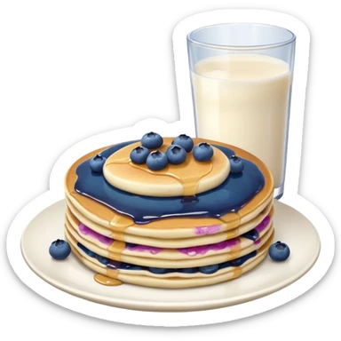 A pancake with blueberries and a glass of milk on the side sticker