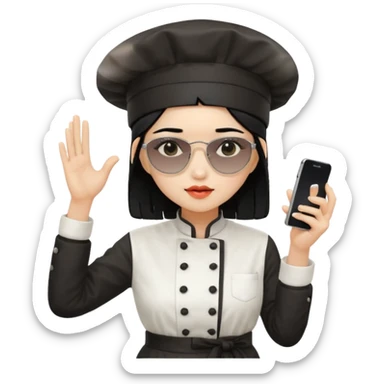 ["A sad woman with light skin, straight hair, wearing a chef hat and sunglasses, dressed in K-pop fashion, is dancing while holding a phone."] sticker
