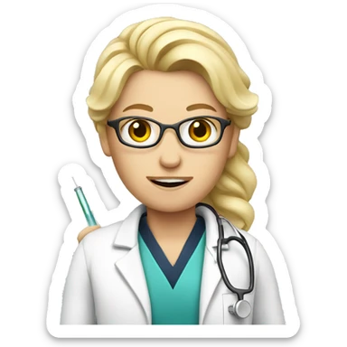 a blond doctor with a syringe sticker