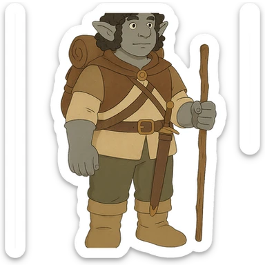 ghibli style DnD firbolg with grey skin and black curly hair, no background sticker