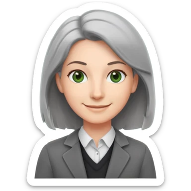 smiling English teacher with airtouch hair and grey-green eyes standing in front of a classroom with chalkboard sticker