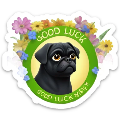Black pug , surrounded by flowers, holding a green sign that says “good luck”  sticker