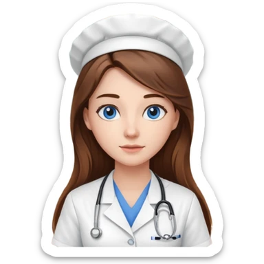 pretty female nursing student with long brown hair, blue eyes inside a classroom at university sticker