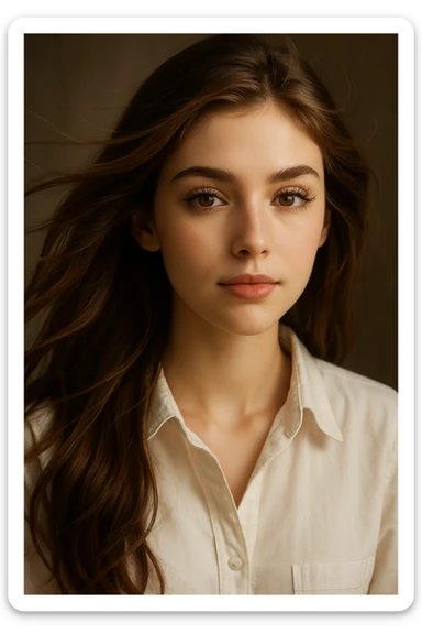 girl with flowing brown hair, white shirt, long eyelashes, pretty face, portrait, detailed, beautiful lighting sticker