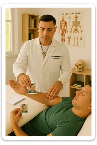 a middle-aged man, dressed in casual professional attire, is in a bright, organized therapy studio. Durante una visita di kinesiologia, il ragazzo tiene con una mano la foto di una persona lontana (il “testimone”) tiene la foto in mano, mentre con l’altra mano esegue un test muscolare su un cliente presente senza foto lui non tiene la foto. Sullo sfondo si vedono libri di kinesiologia, poster anatomici e strumenti tipici della disciplina. L’atmosfera è concentrata e serena, con luce naturale che entra dalla finestra, sottolineando l’aspetto alternativo e umano della pratica. sticker