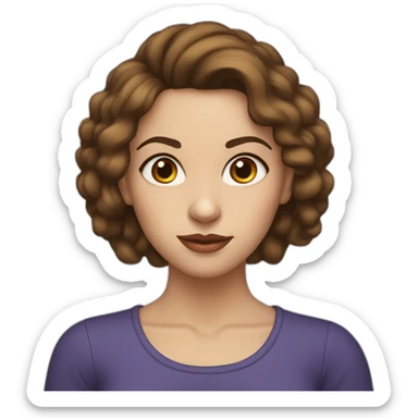 young woman with brown hair, blue almond-shaped eyes, thin eyebrows and earring sticker