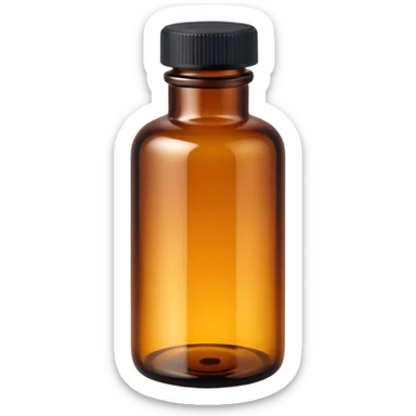 small cylindrical amber glass bottle with narrow neck and tightly sealed black or white screw cap, translucent with subtle glow, apothecary style, no label or extras, soft lighting, subtle shadows, emoji scale sticker
