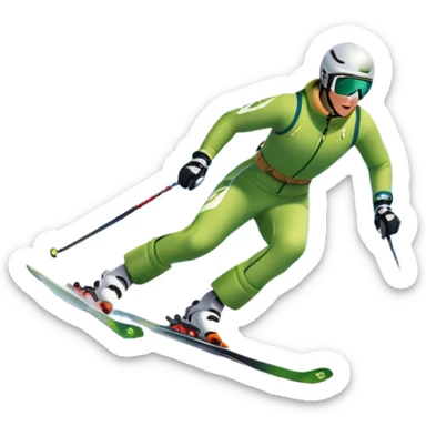 An icon featuring snowy peaks, pine trees, and a picturesque mountain landscape with a skier racing down a snow-covered slope. The sky is blue with soft clouds, capturing the thrill and beauty of alpine skiing. Transparent background highlights the excitement and serenity of winter sports. sticker