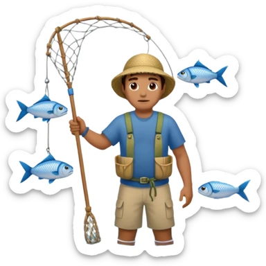 A Polynesian fisherman standing in the water with a net full of fish. The fisherman has empty hands and is standing in the water. sticker