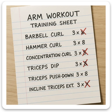 Top view of a handwritten arm workout training sheet with exercises and red X marks on some, hyperrealistic photography style, 4K quality, natural lighting. sticker