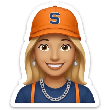 Me smiling and on my cell wearing Syracuse University hat and chain necklace. sticker