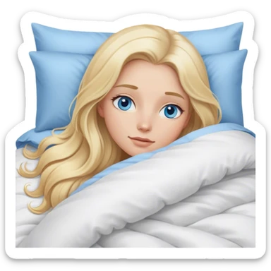Cinematic realistic blonde with long hair, blue eyes and delicate features, lying in a cozy, soft bed, covered with a duvet sticker